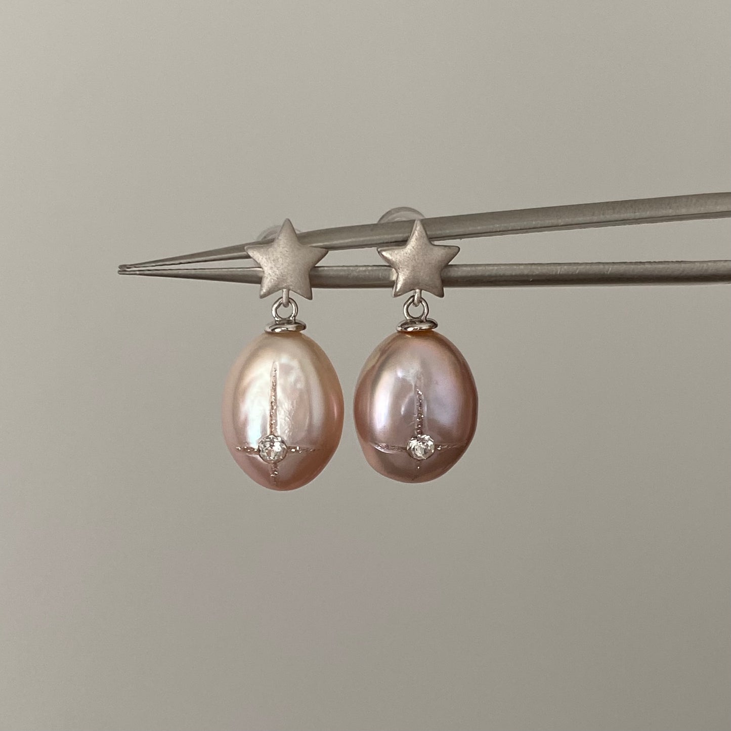Stars & White Zircon & Pink-Purple Natural Freshwater Pearl Stud Earrings