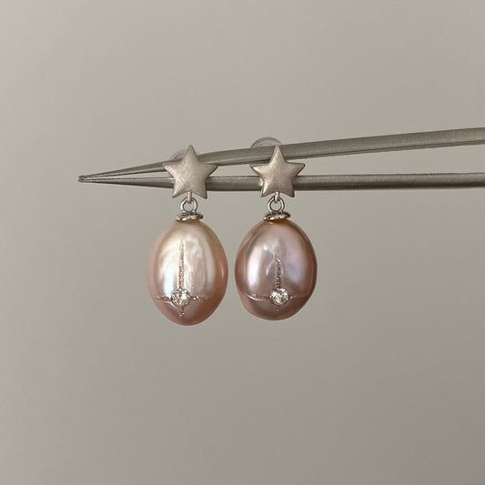 Stars & White Zircon & Pink-Purple Natural Freshwater Pearl Stud Earrings