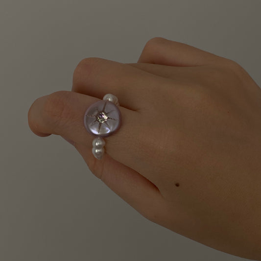 Purple-green gradient zirconia & natural freshwater pearl ring